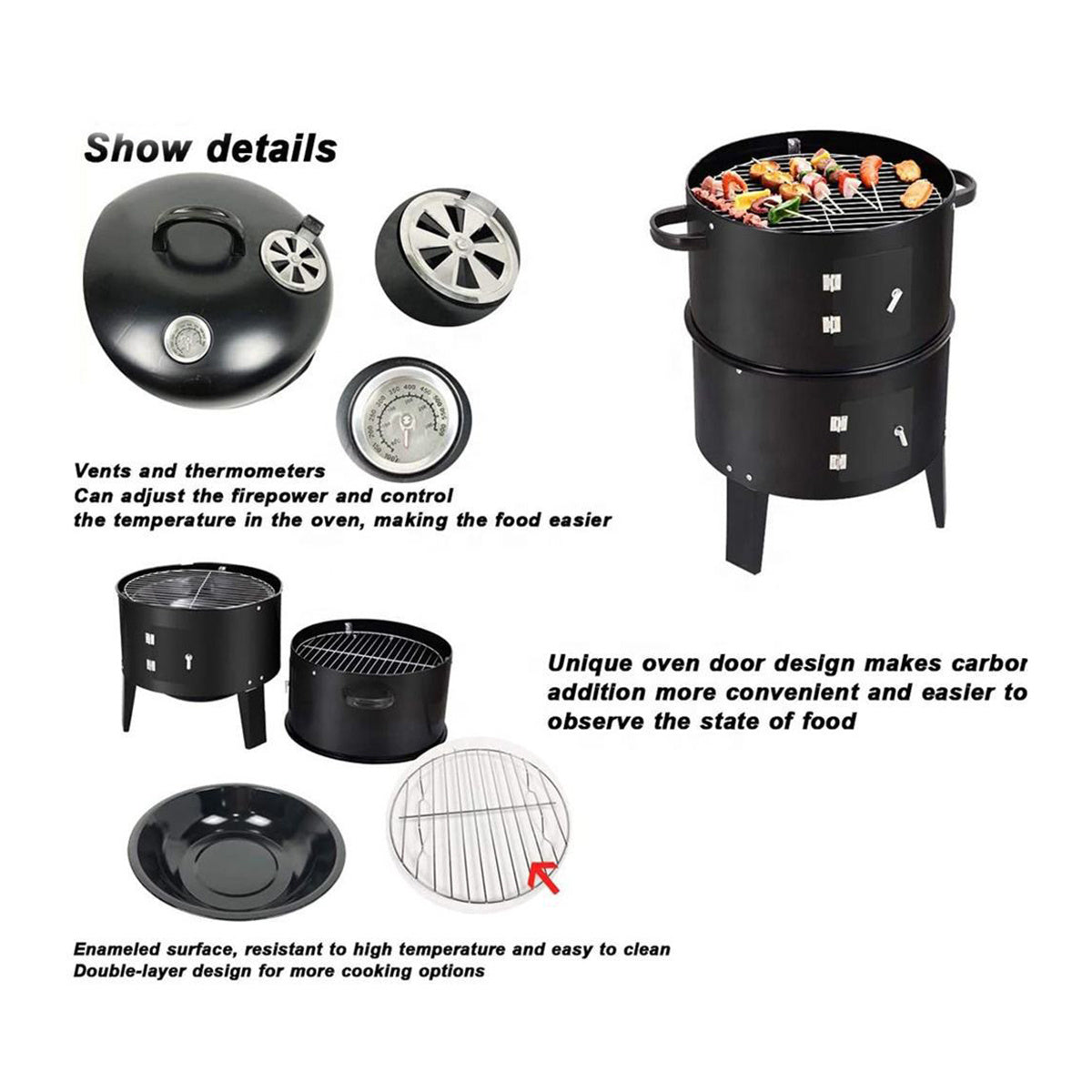Barbecue fumoir vertical à charbon – Four/gril double couche sans fumée, pour une cuisson extérieure saine et sans effort, avec moins de fumée et de graisse