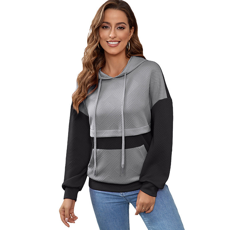 Sweat à capuche d’hiver pour femme – Style ample, épaules tombantes, à enfiler, avec patchwork contrasté