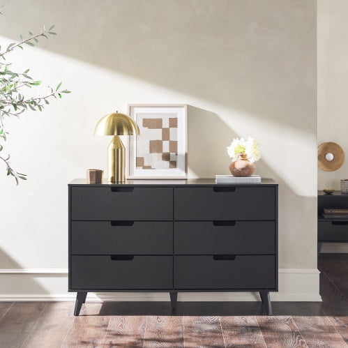 Commode Hans 6 tiroirs – Style mid-century, noire avec poignées découpées