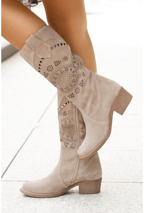 Bottes hautes femme automne & hiver – Suède à fleurs brûlées, talon moyen, fermeture éclair latérale, pointures 40 à 43