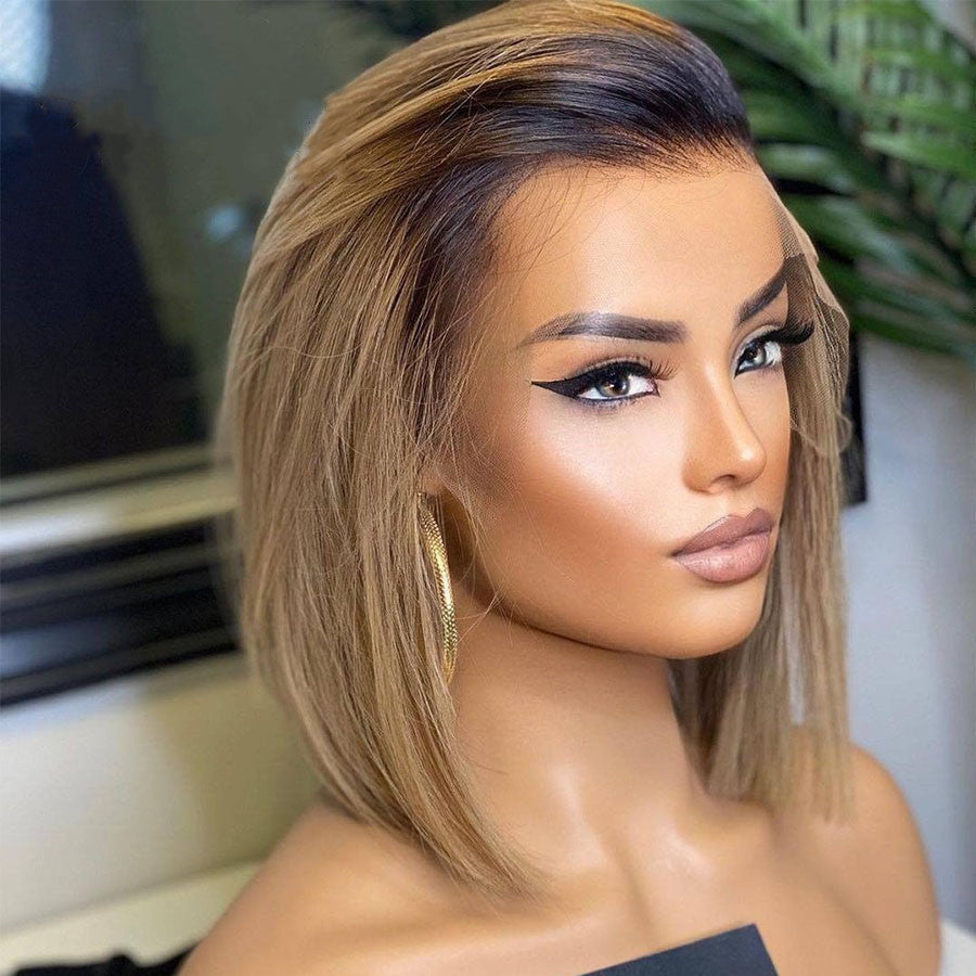 Perruque courte lisse en cheveux humains avec dentelle frontale – Look naturel et confortable