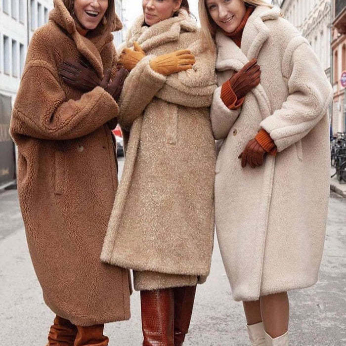 Manteau en polaire mouton à col – Manteau en fausse fourrure épais, chaud et long pour femme