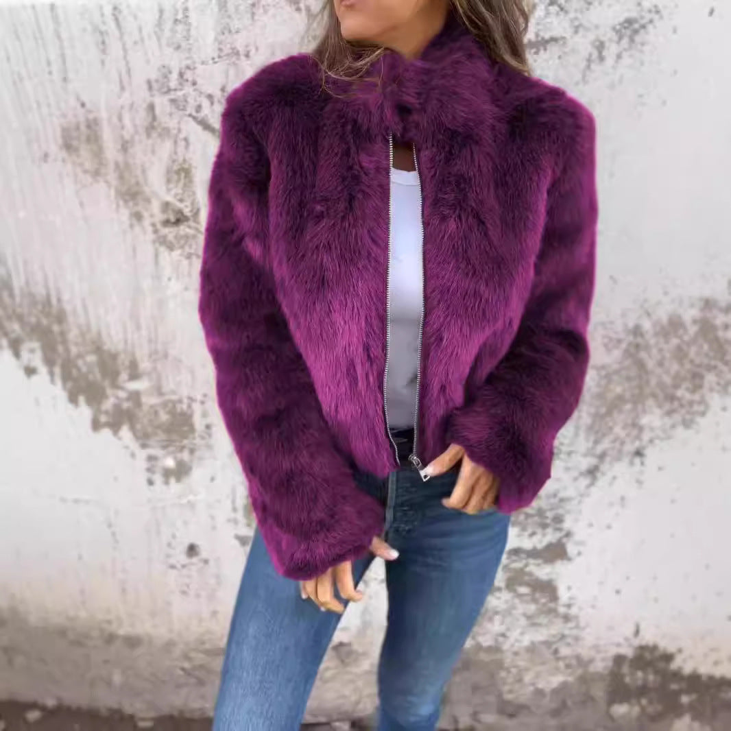 Veste en peluche femme – Col montant zippé, style décontracté hiver