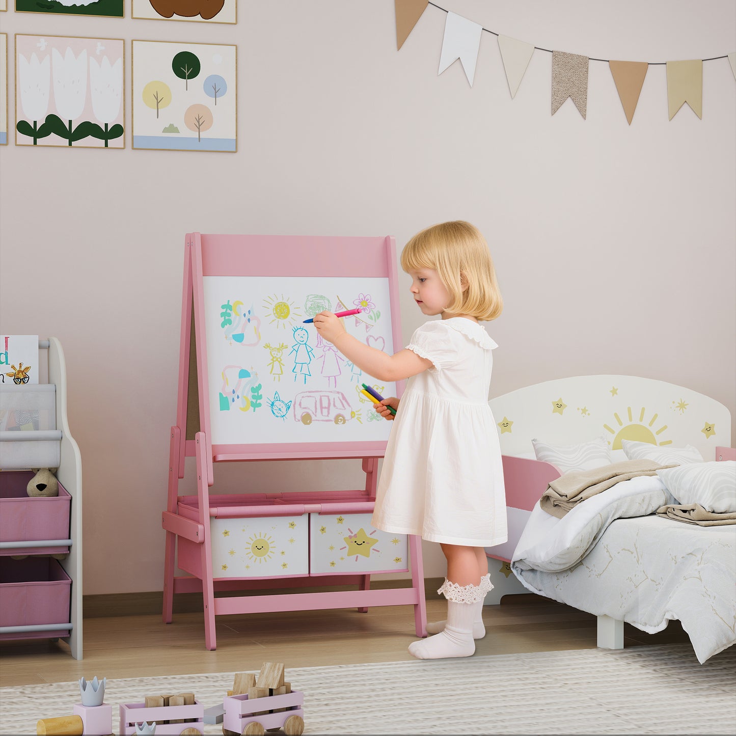 Chevalet d’art double-face – Tableau blanc & ardoise avec rouleau de papier et paniers de rangement – Rose
