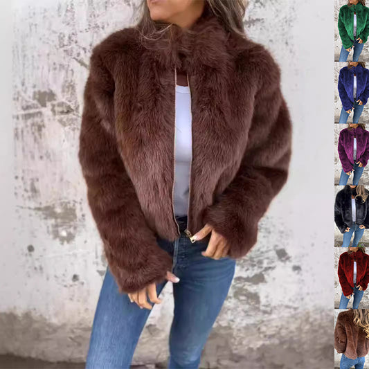 Veste en peluche femme – Col montant zippé, style décontracté hiver