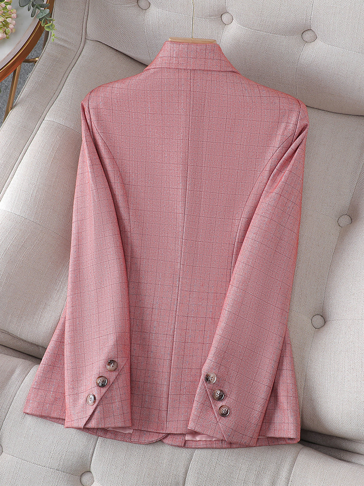 Blazer Femme Court à Petits Carreaux Roses – Élégant, Tendance et Féminin