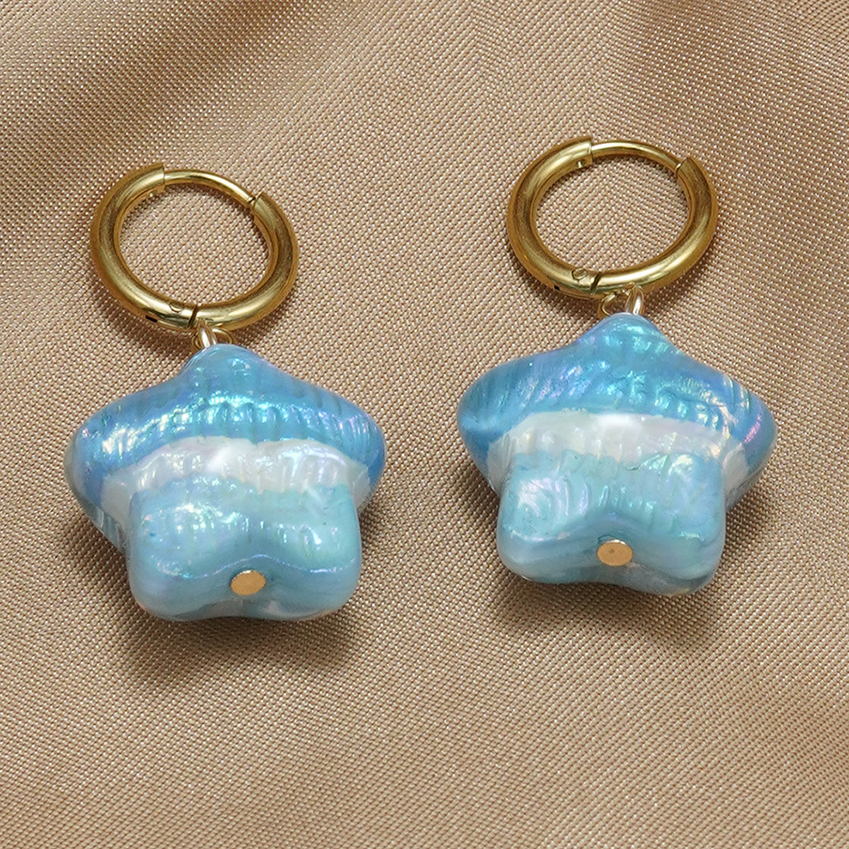 Ensemble Collier et Boucles d’Oreilles Étoile en Acier Inoxydable Doré 18K – Bleu Nacré, Étanche & Hypoallergénique