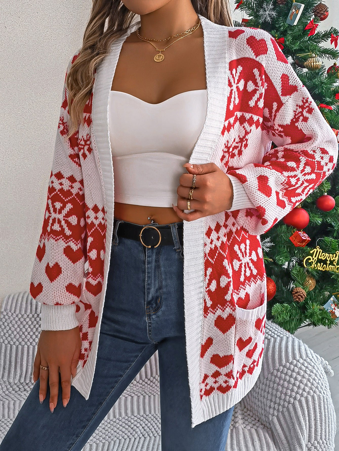Cardigan tricoté de Noël pour femme – Manches lanterne, motif cerf, coupe oversize avec poches