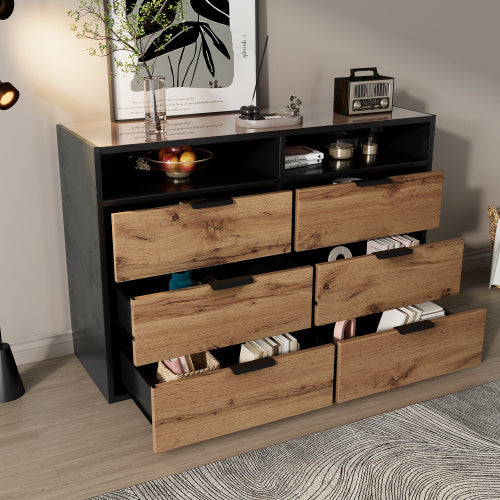 Commode / Buffet avec 6 tiroirs et 2 étagères ouvertes – Verre ambré, table de rangement anti-basculement pour salon, chambre ou chambre d’enfant – 120 × 40 × 80 cm, chêne