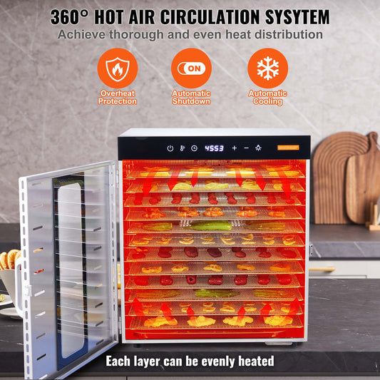 VEVOR-machine de déshydrateur de nourriture, 10 plateaux en acier inoxydable, séchoir électrique pour aliments 1000W avec minuterie numérique réglable et température pour le jerky, les herbes, la viande, le bœuf, les fruits, les friandises