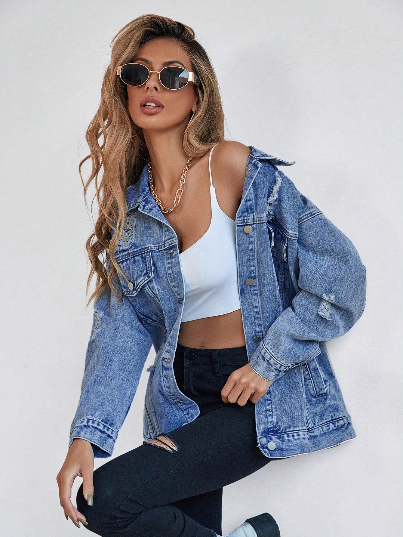 Veste en Jean Bleue Décontractée avec Poches à Rabat & Épaules Tombantes – Fermeture à Boutons