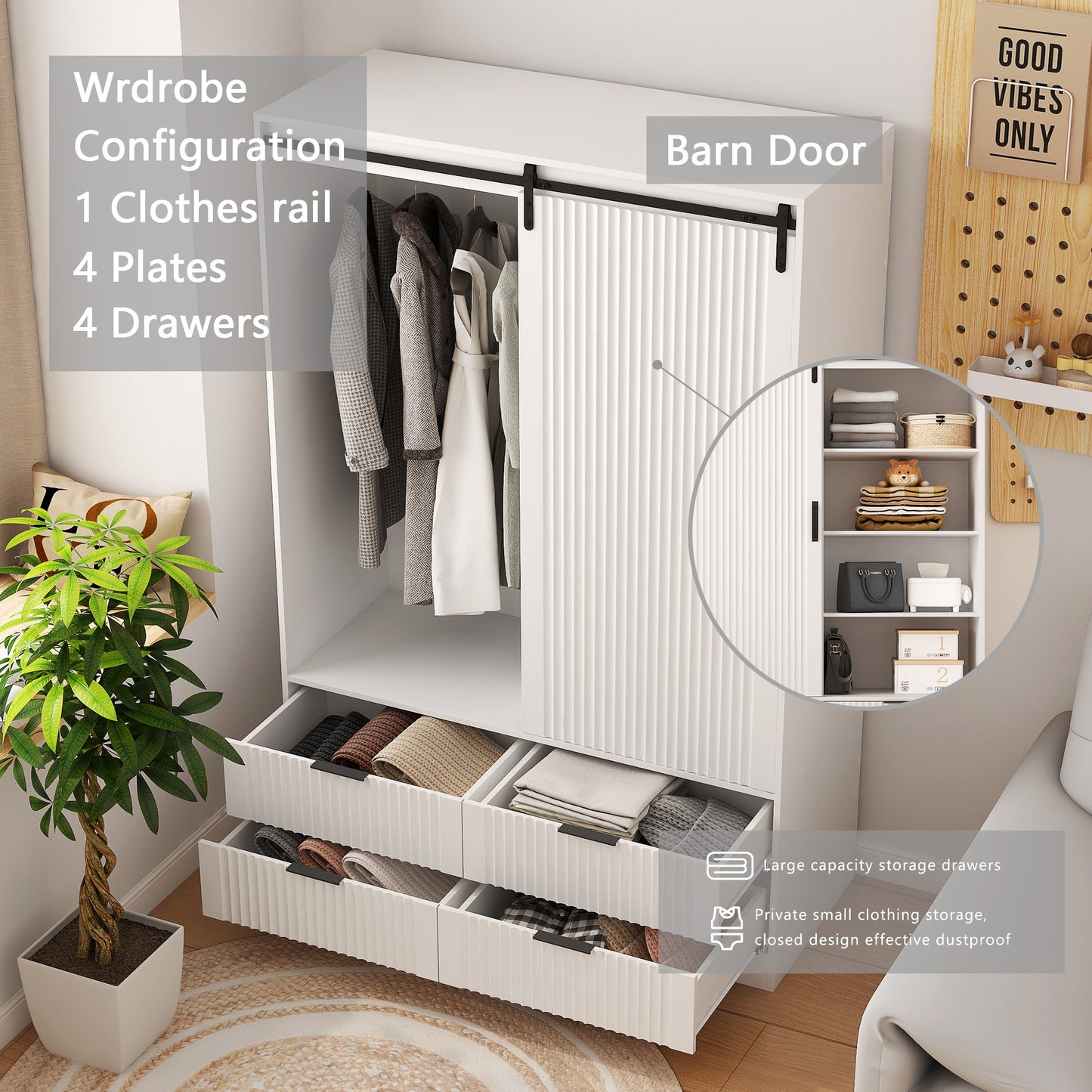 Armoire penderie blanche – Style grange, avec tringle, tiroirs et étagères ouvertes