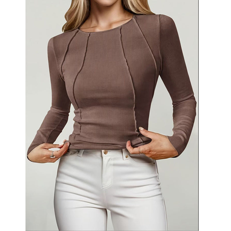 T-shirt Femme Manches Longues Col Rond – Coupe Ajustée, Mode Automne