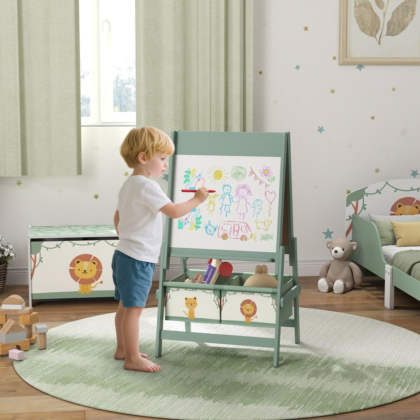 Chevalet d’art pour enfants – Tableau double-face blanc & noir avec rouleau de papier et paniers de rangement – Vert (3 à 8 ans)