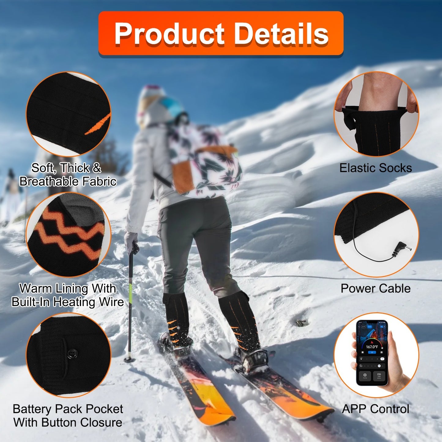 Chaussettes chauffantes électriques unisexes – 2 options, avec contrôle via application & batterie rechargeable 5000mAh – Idéal hiver, ski, randonnée, camping & chasse