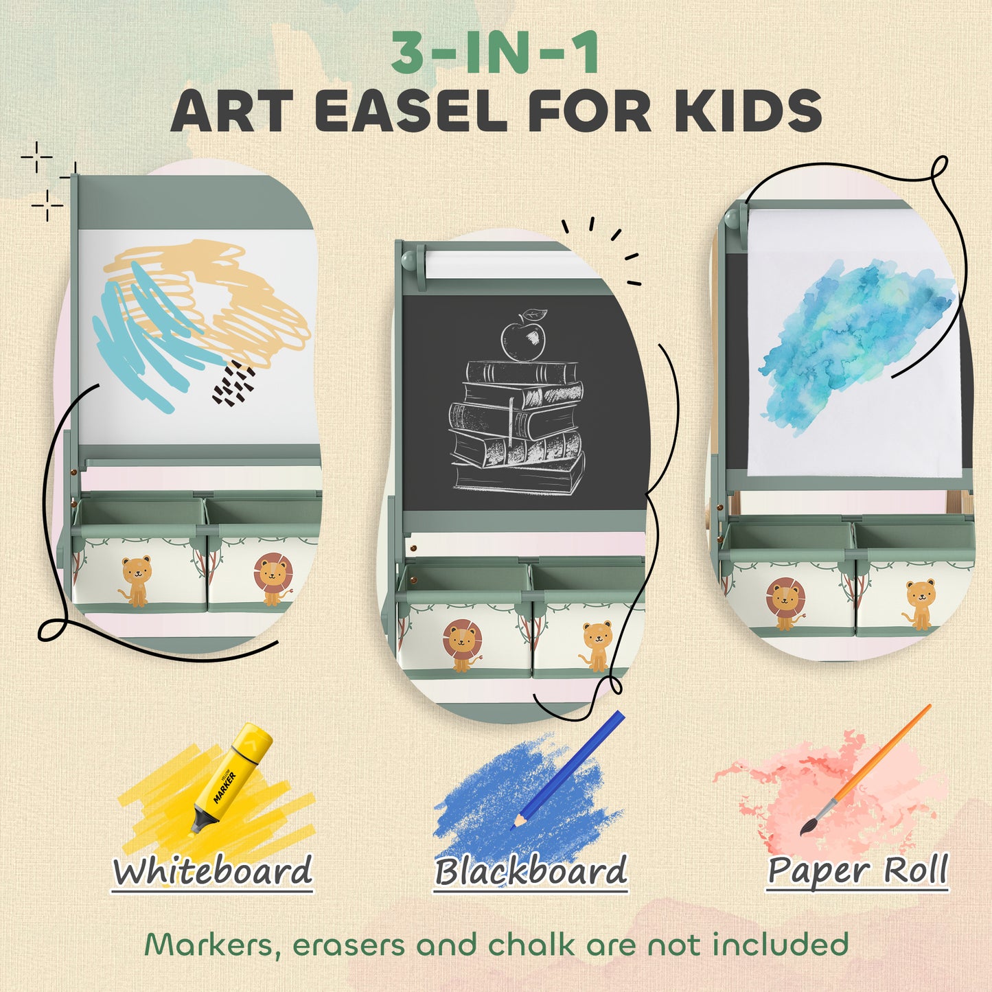 Chevalet d’art pour enfants – Tableau double-face blanc & noir avec rouleau de papier et paniers de rangement – Vert (3 à 8 ans)