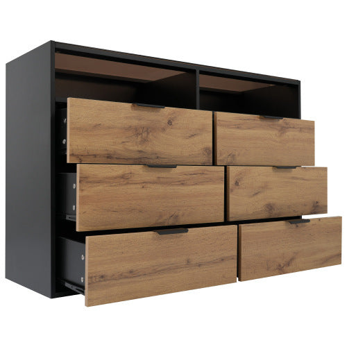 Commode / Buffet avec 6 tiroirs et 2 étagères ouvertes – Verre ambré, table de rangement anti-basculement pour salon, chambre ou chambre d’enfant – 120 × 40 × 80 cm, chêne