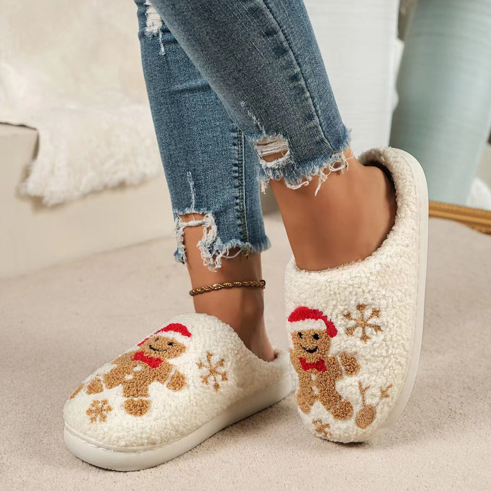 Chaussons de Noël Femme – Flocons de neige & Pain d’épice, antidérapants et douillets