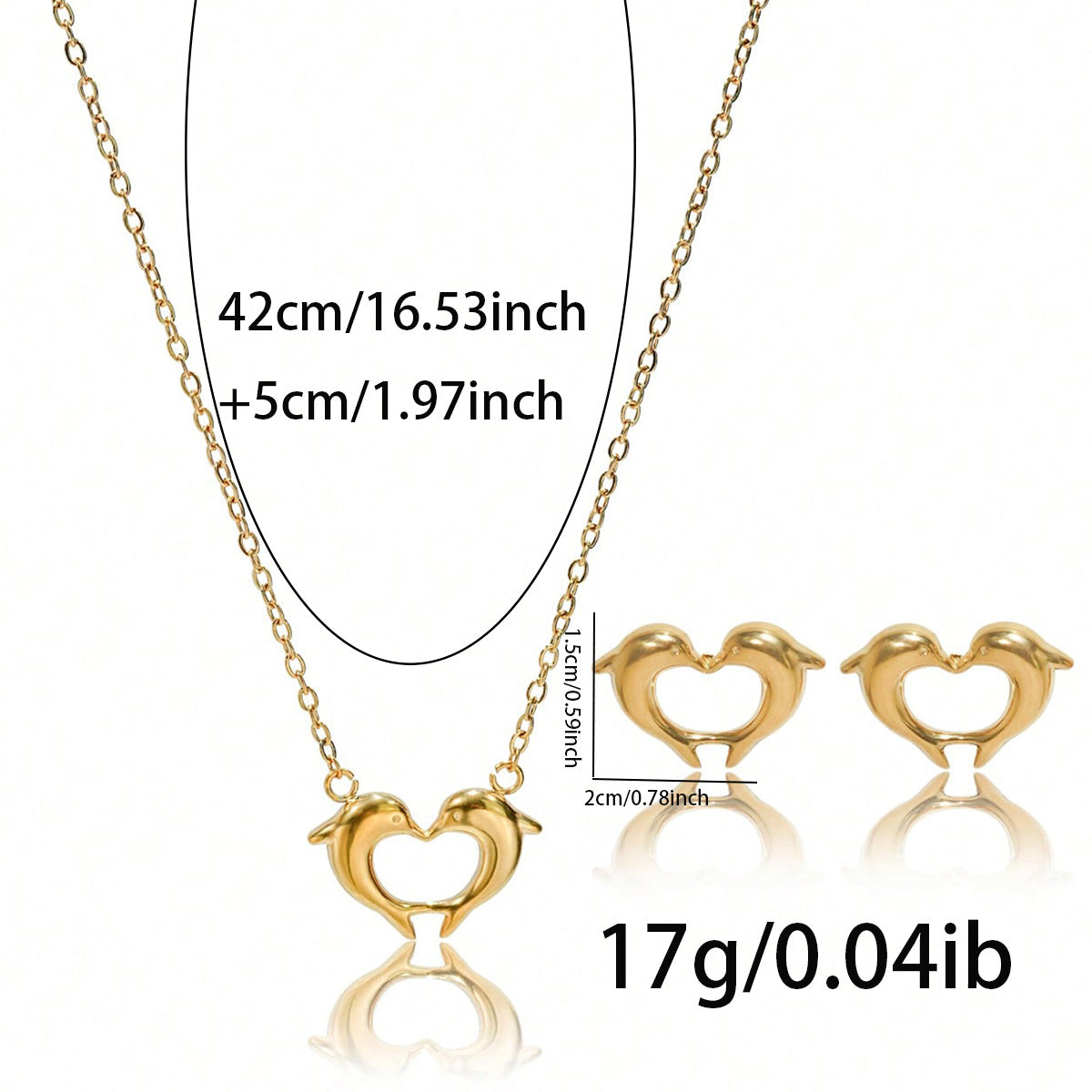 Ensemble Collier et Boucles d’Oreilles Dauphin en Forme de Cœur en Acier Inoxydable Doré 18K – Cadeau Élégant Étanche & Hypoallergénique