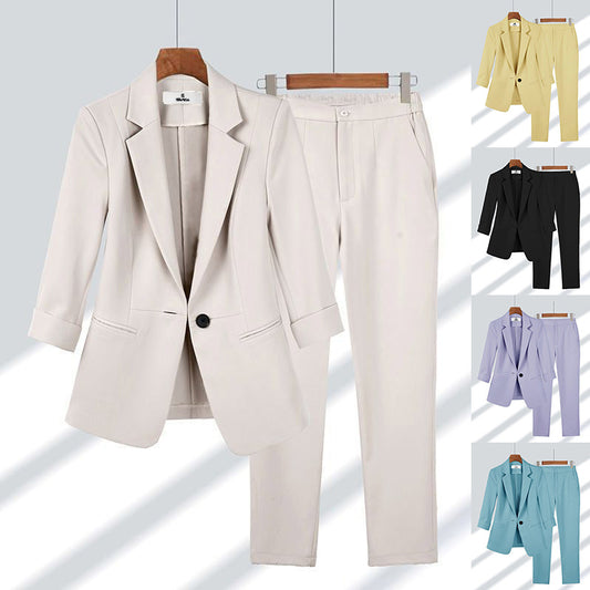 Ensemble blazer casual 2 pièces – Veste unie col à revers & pantalon droit zippé – Costume femme bureau et affaires