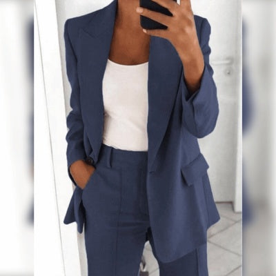 Ensemble Tailleur Femme Décontracté – Blazer Long à Boutons + Pantalon Slim avec Poches