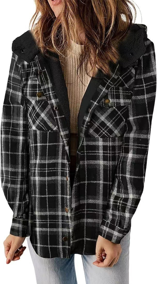 Manteau casual à carreaux avec capuche – Doublure polaire épaissie et chaud