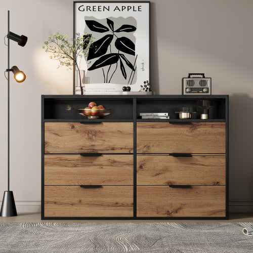 Commode / Buffet avec 6 tiroirs et 2 étagères ouvertes – Verre ambré, table de rangement anti-basculement pour salon, chambre ou chambre d’enfant – 120 × 40 × 80 cm, chêne
