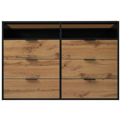 Commode / Buffet avec 6 tiroirs et 2 étagères ouvertes – Verre ambré, table de rangement anti-basculement pour salon, chambre ou chambre d’enfant – 120 × 40 × 80 cm, chêne
