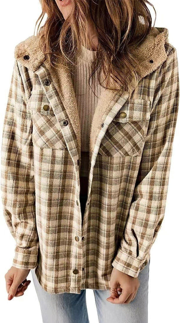Manteau casual à carreaux avec capuche – Doublure polaire épaissie et chaud