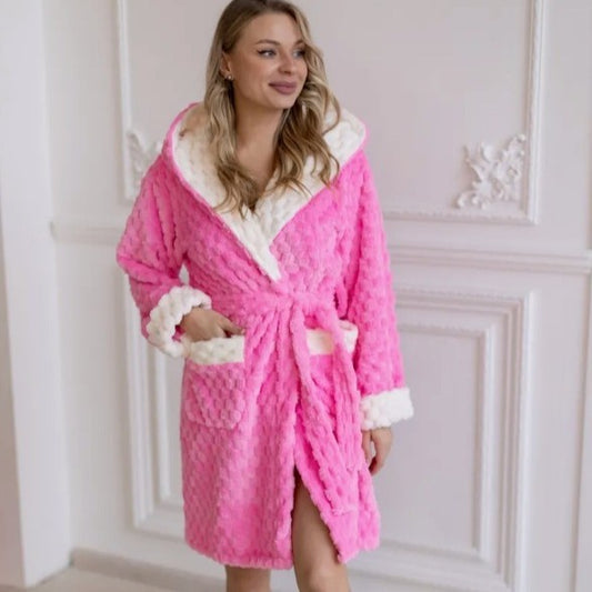 Peignoir d’automne et d’hiver en velours épais – Col à revers, motif à carreaux contrastés, style élégant et chaud