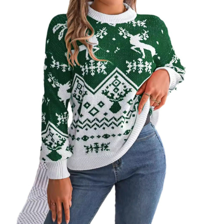 Nouveau 2025 – Pull hoodie décontracté automne/hiver pour femme, motif cerf, manches longues – Spécial Noël, tricoté, rouge ou vert