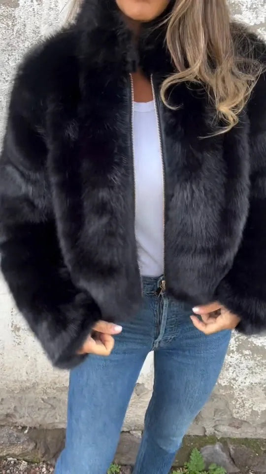 Veste en peluche femme – Col montant zippé, style décontracté hiver