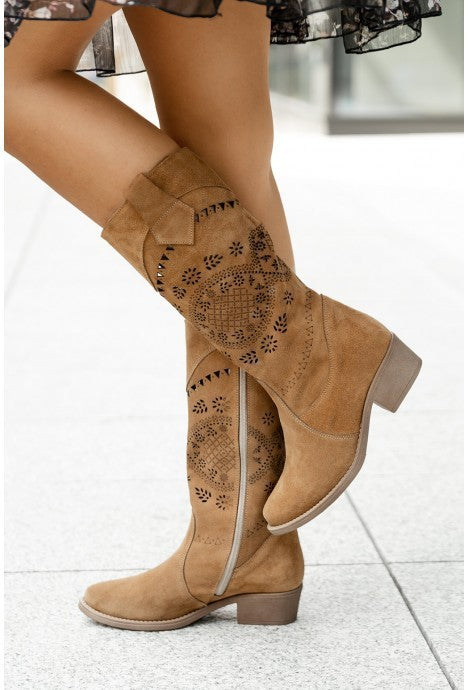 Bottes hautes femme automne & hiver – Suède à fleurs brûlées, talon moyen, fermeture éclair latérale, pointures 40 à 43
