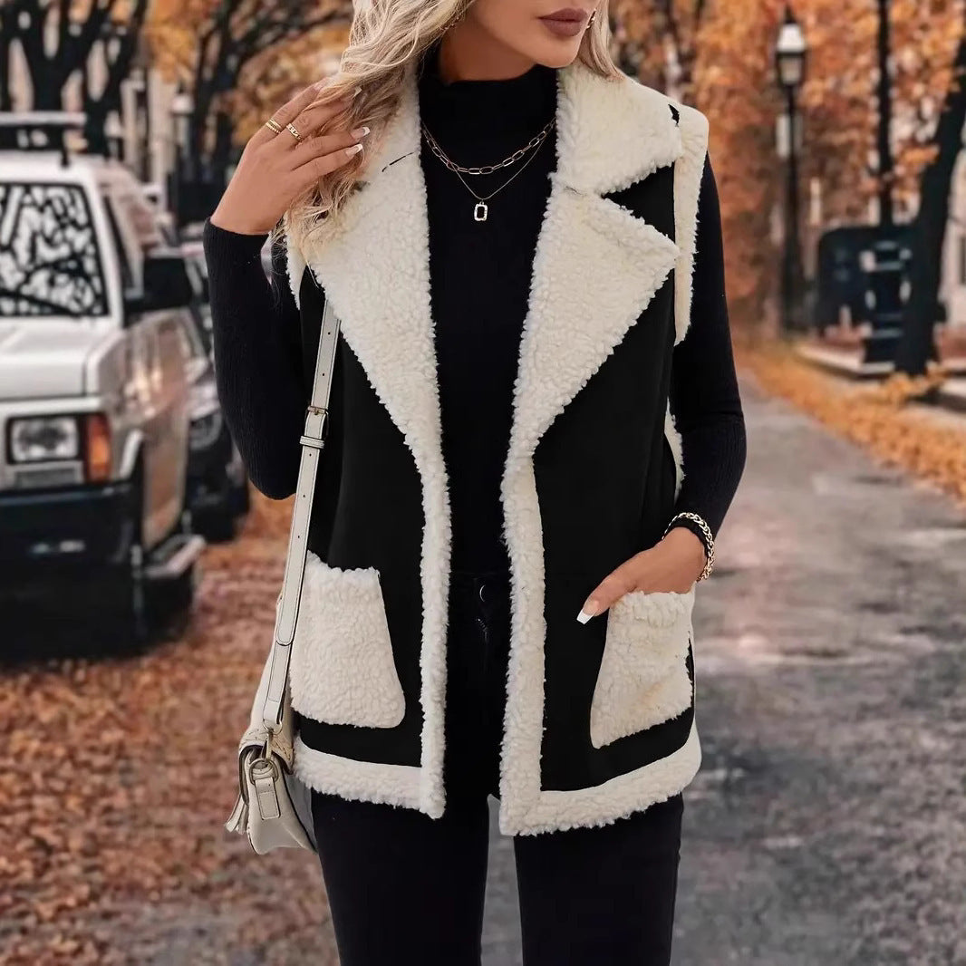 Gilet femme en laine d’agneau style européen et américain – Automne & Hiver, fourrure composite