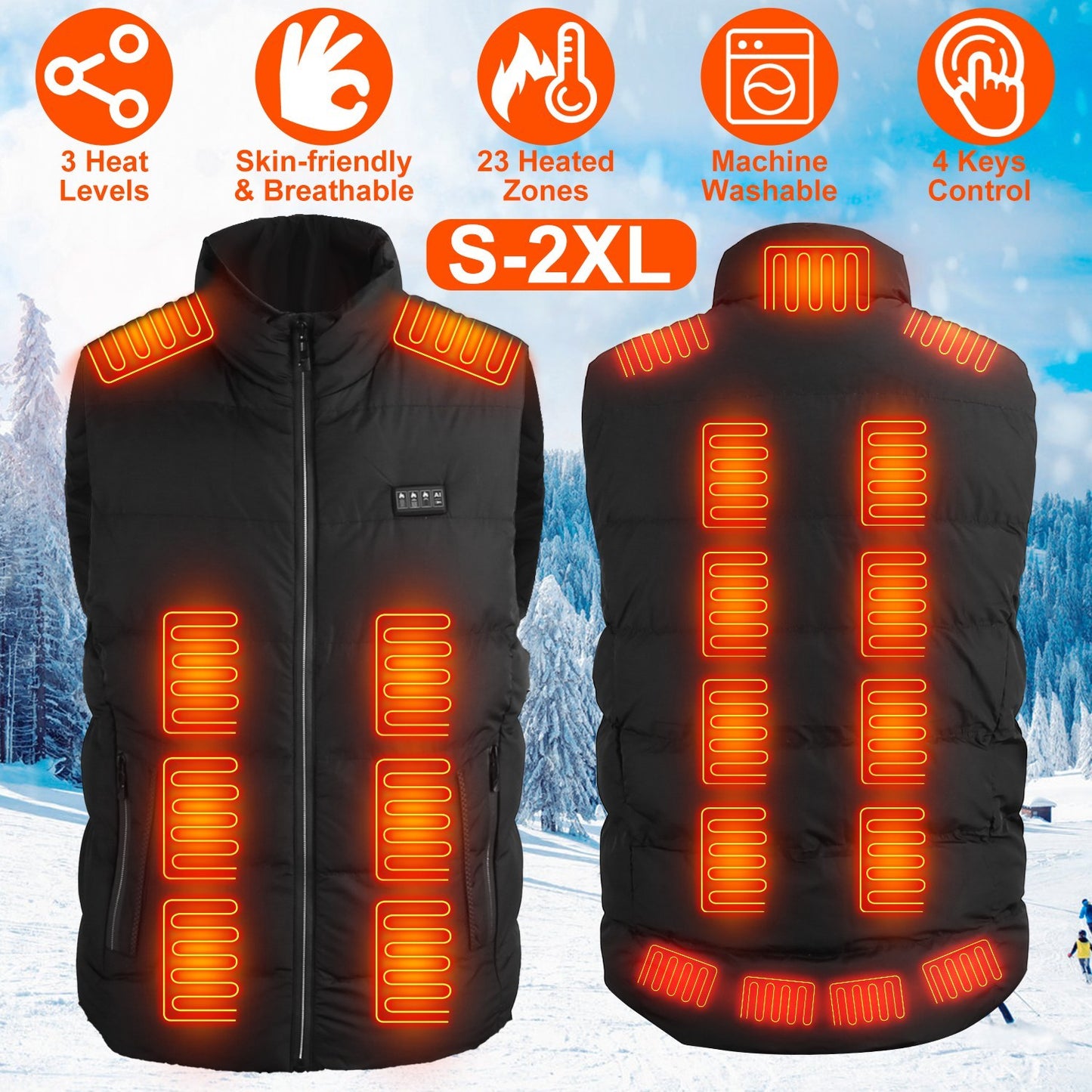 Gilet chauffant unisexe – 23 zones de chauffage, 3 niveaux de chaleur, USB, lavable en machine – Idéal pour l’hiver, randonnée, ski, patinage et activités extérieures