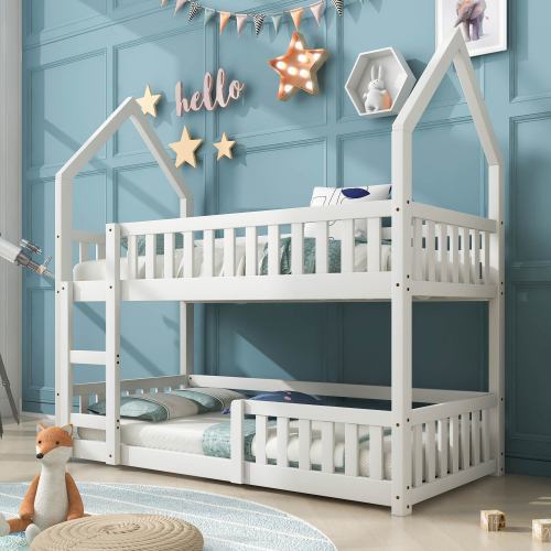 Lit superposé pour enfants – Lit simple 3FT avec échelle, cadre en bois massif, style château, 90 × 190 cm, mobilier de chambre enfant, blanc