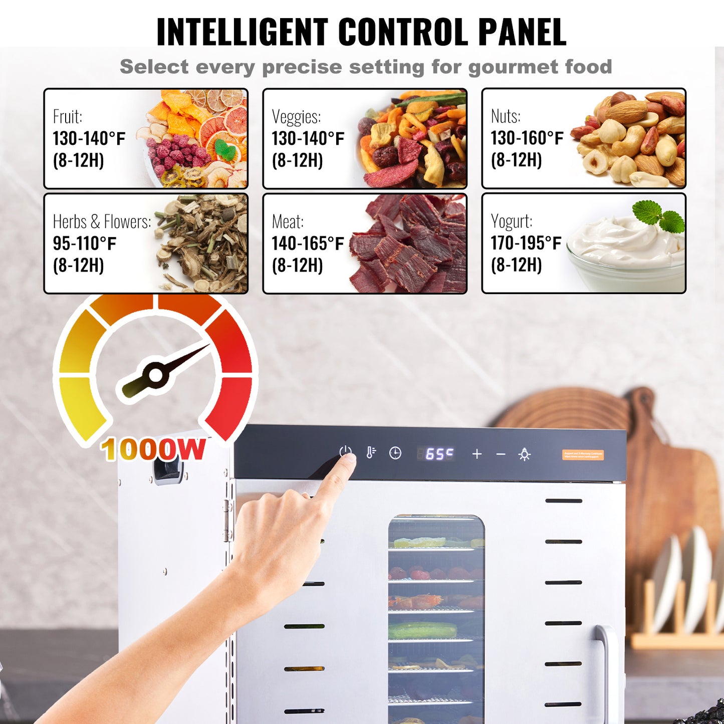 VEVOR-machine de déshydrateur de nourriture, 10 plateaux en acier inoxydable, séchoir électrique pour aliments 1000W avec minuterie numérique réglable et température pour le jerky, les herbes, la viande, le bœuf, les fruits, les friandises