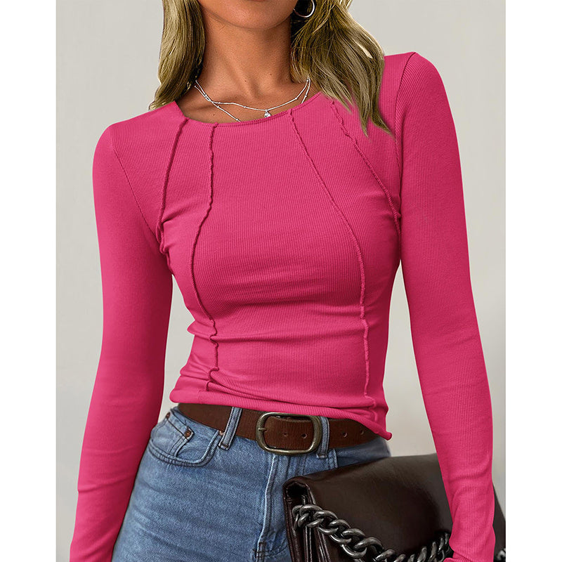 T-shirt Femme Manches Longues Col Rond – Coupe Ajustée, Mode Automne