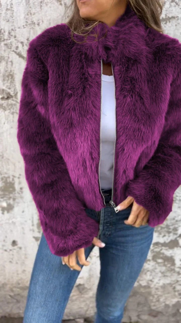 Veste en peluche femme – Col montant zippé, style décontracté hiver