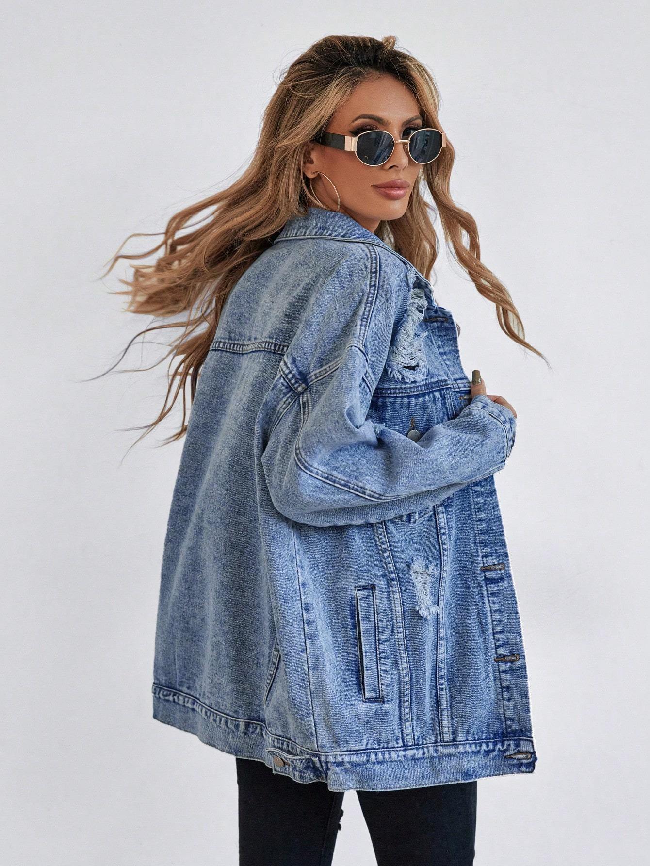 Veste en Jean Bleue Décontractée avec Poches à Rabat & Épaules Tombantes – Fermeture à Boutons