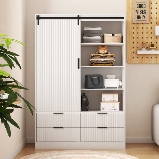 Armoire penderie blanche – Style grange, avec tringle, tiroirs et étagères ouvertes