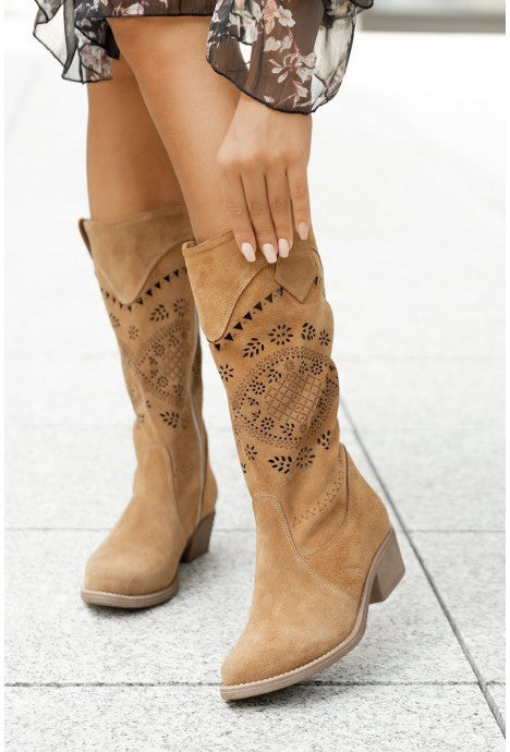 Bottes hautes femme automne & hiver – Suède à fleurs brûlées, talon moyen, fermeture éclair latérale, pointures 40 à 43