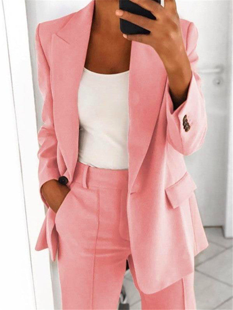Ensemble Tailleur Femme Décontracté – Blazer Long à Boutons + Pantalon Slim avec Poches