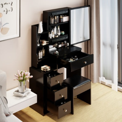 Coiffeuse compacte avec miroir coulissant et tabouret – Grand espace de rangement