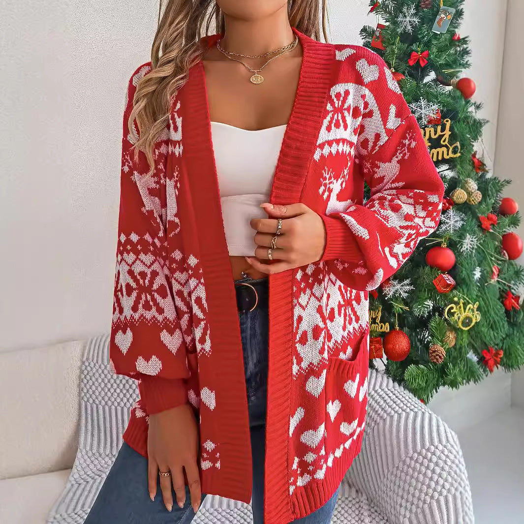 Cardigan tricoté de Noël pour femme – Manches lanterne, motif cerf, coupe oversize avec poches
