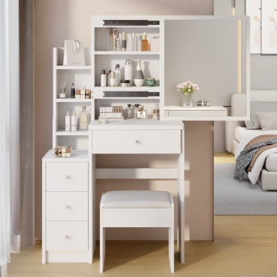 Coiffeuse compacte avec miroir coulissant et tabouret – Grand espace de rangement