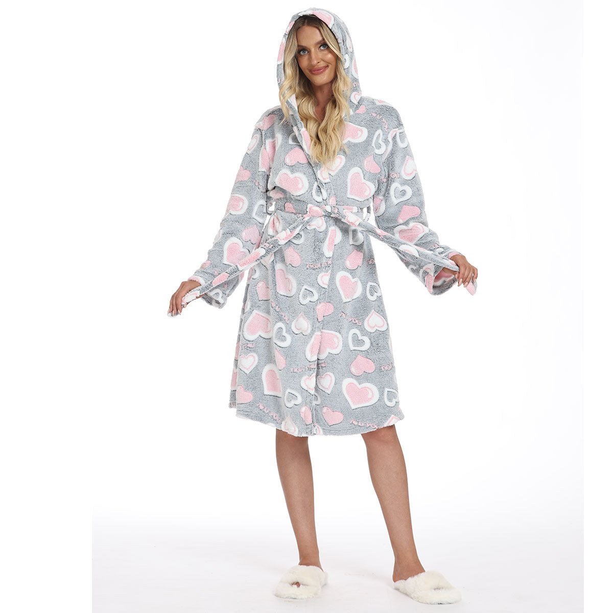 Peignoir d’automne et d’hiver en peluche – Imprimé cœur, coupe ample, manches longues, velours double face, ceinture à nouer, chaud et confortable