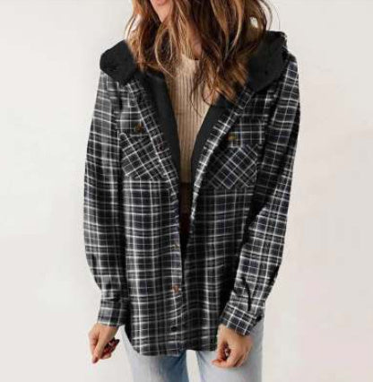 Manteau casual à carreaux avec capuche – Doublure polaire épaissie et chaud
