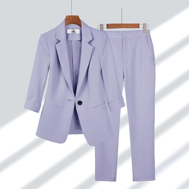 Ensemble blazer casual 2 pièces – Veste unie col à revers & pantalon droit zippé – Costume femme bureau et affaires