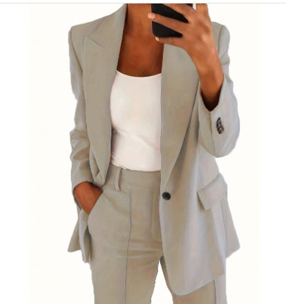 Ensemble Tailleur Femme Décontracté – Blazer Long à Boutons + Pantalon Slim avec Poches